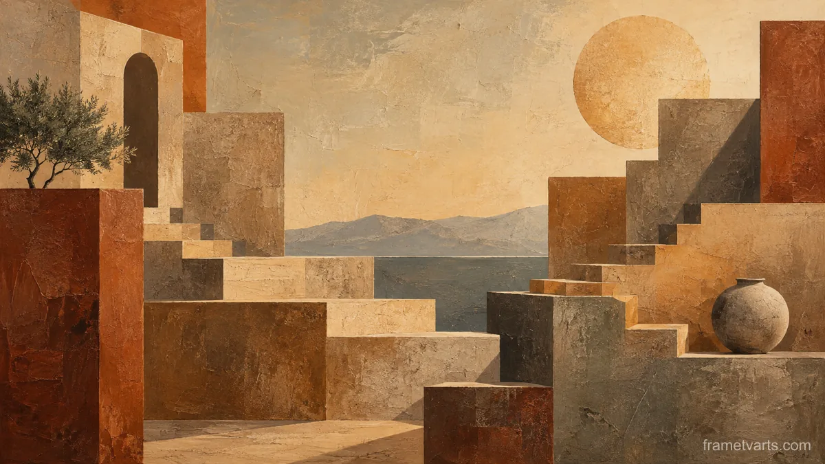 Terraced stepped forms with recessed shadows – earth-tone textured abstraction Samsung Frame TV art, 4K