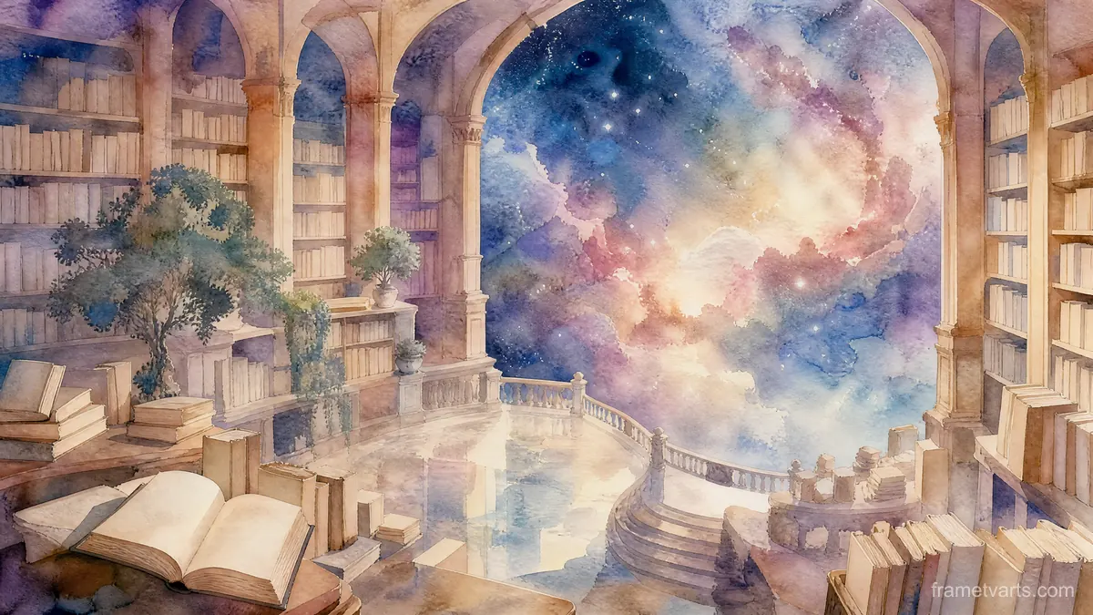 Dreamlike library opening onto a galaxy – dreamlike watercolor Samsung Frame TV art, 4K