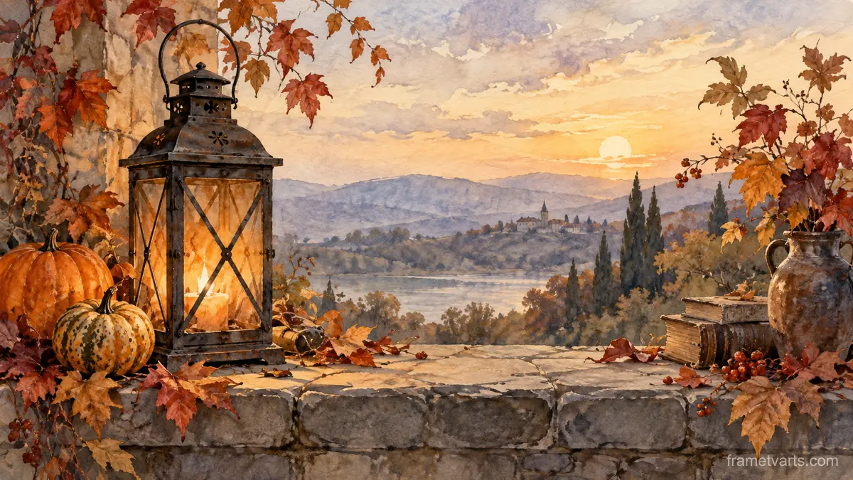 Halloween antique lantern and autumn leaves – elegant watercolor Samsung Frame TV art, 4K