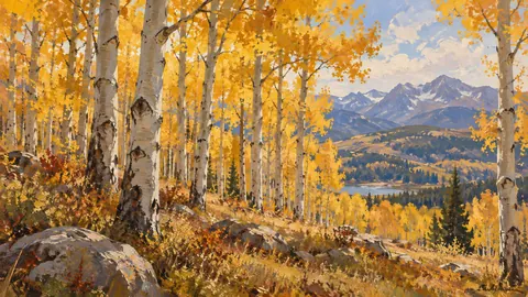 Aspen grove in autumn sunlight – tonal oil painting Frame TV art
