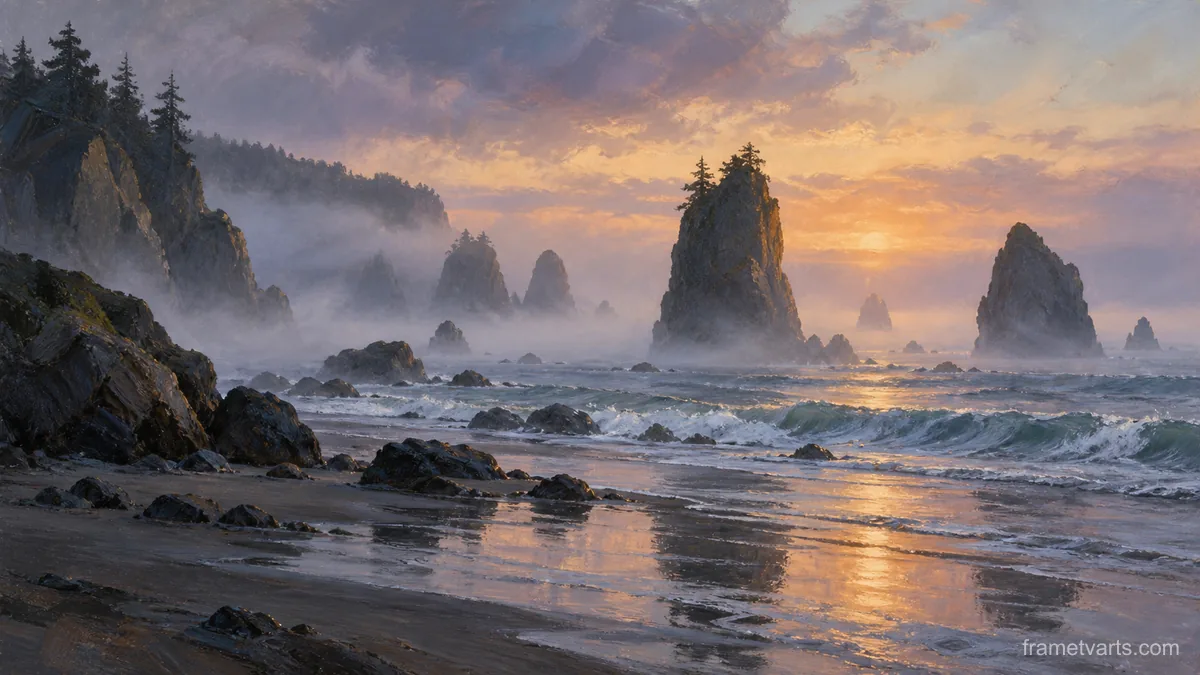 Sea stacks emerging through morning mist – atmospheric oil painting Samsung Frame TV art, 4K