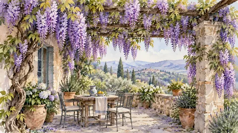 Wisteria cascading from a pergola – botanical watercolor Frame TV art
