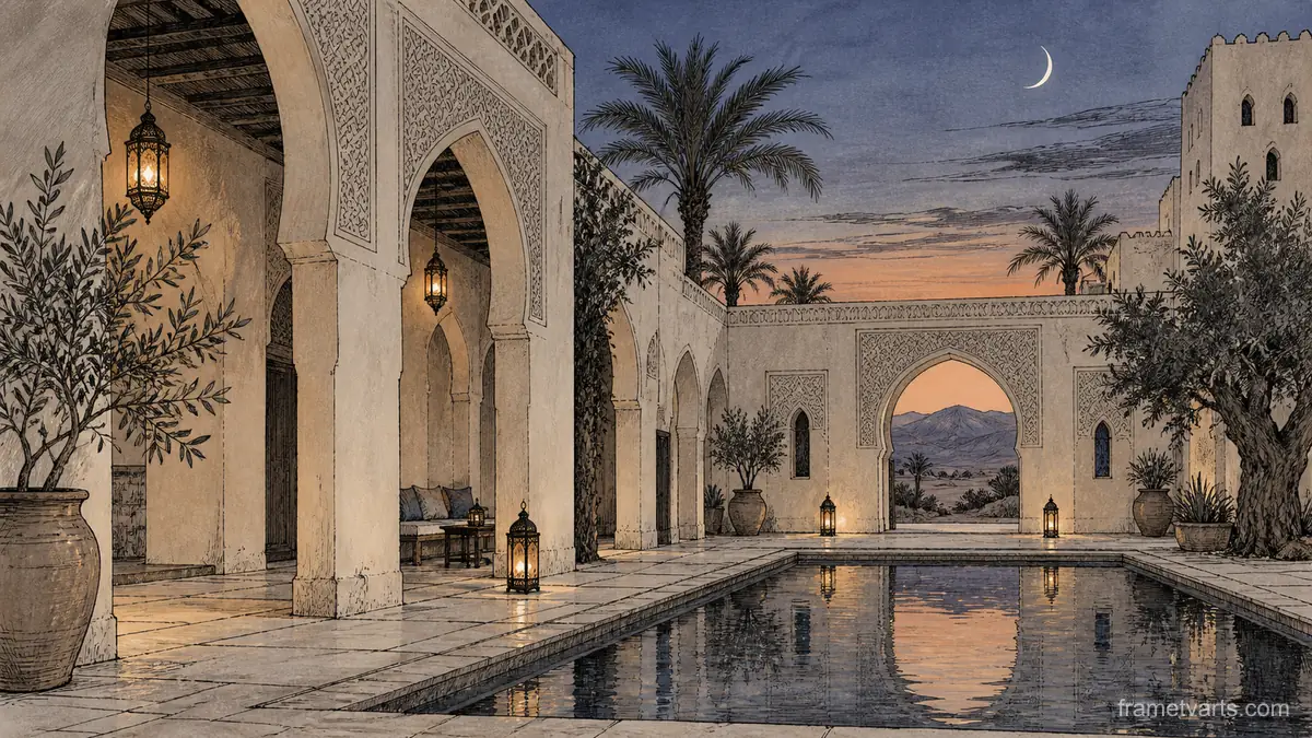 Desert courtyard with carved plaster arches – architectural ink drawing Samsung Frame TV art, 4K