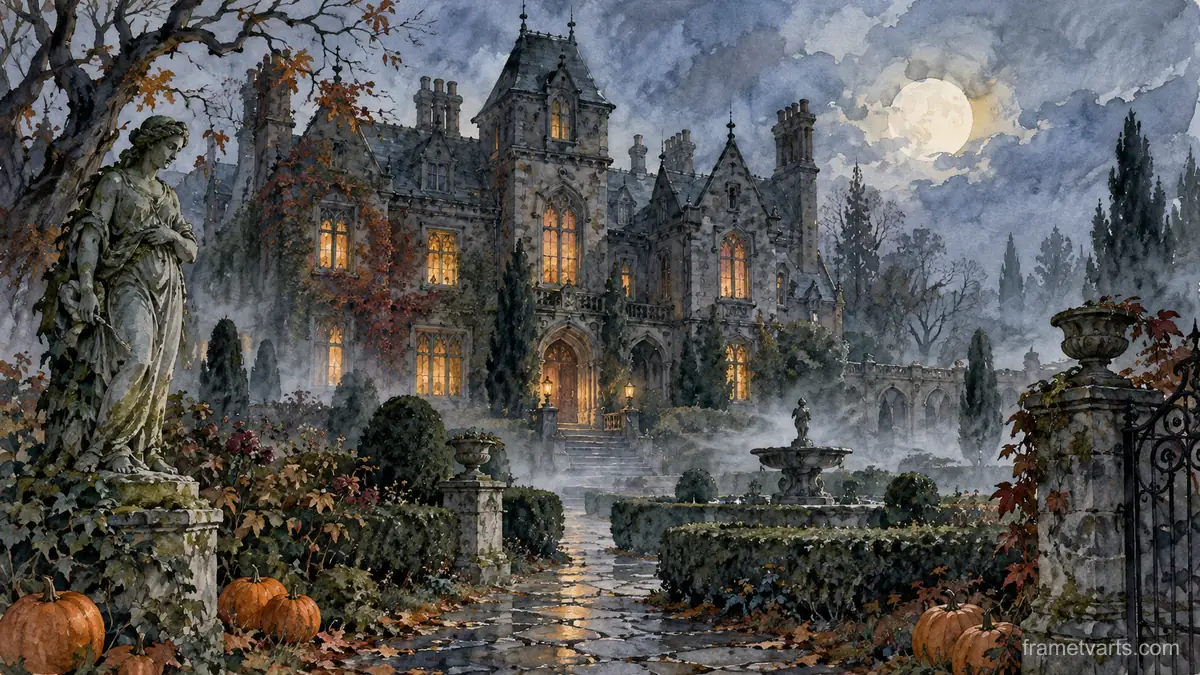 Halloween haunted manor in a misty garden – elegant watercolor Samsung Frame TV art, 4K