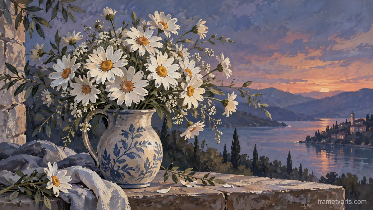 Birth-flower-inspired bouquet of daisies – decorative gouache keepsake composition Samsung Frame TV art, 4K
