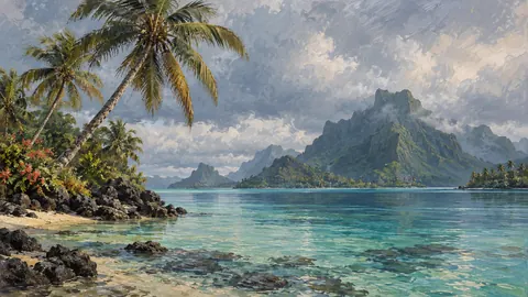 Tropical lagoon beneath leaning palms – atmospheric oil painting Frame TV art