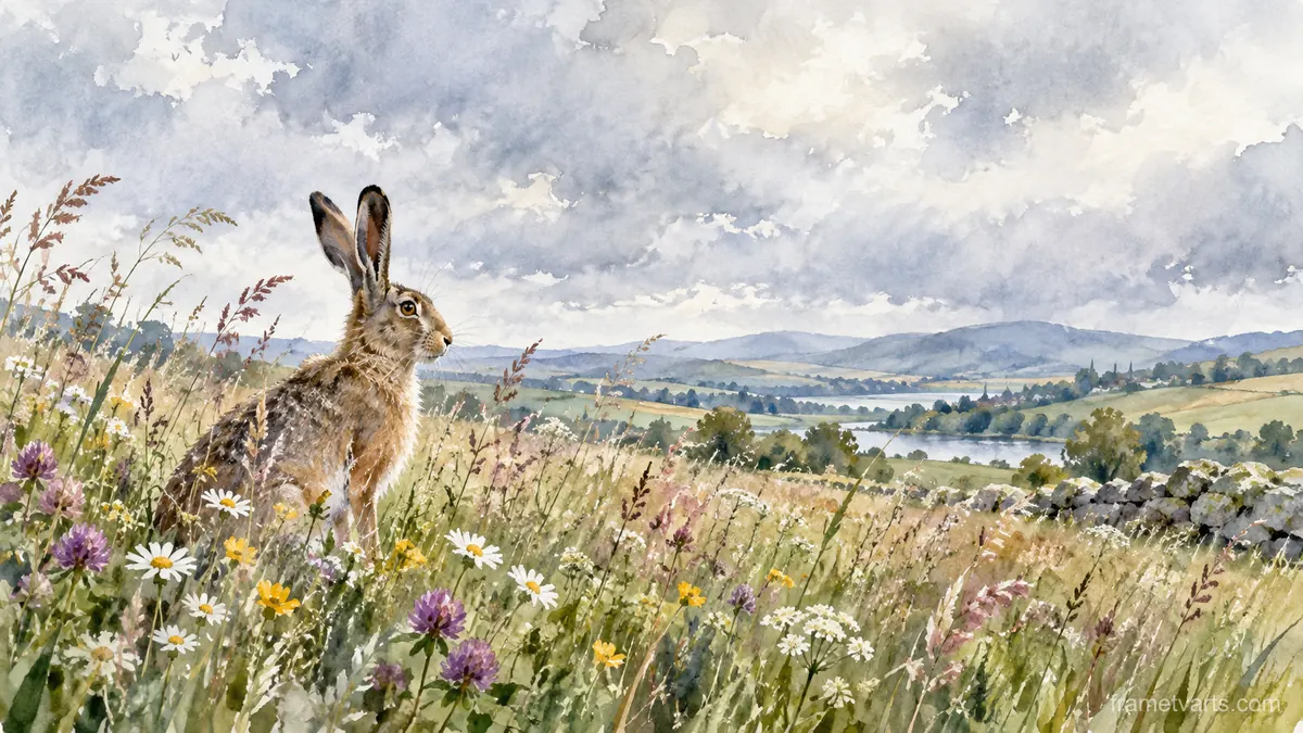 Hare among flowering meadow grasses – loose watercolor Samsung Frame TV art, 4K
