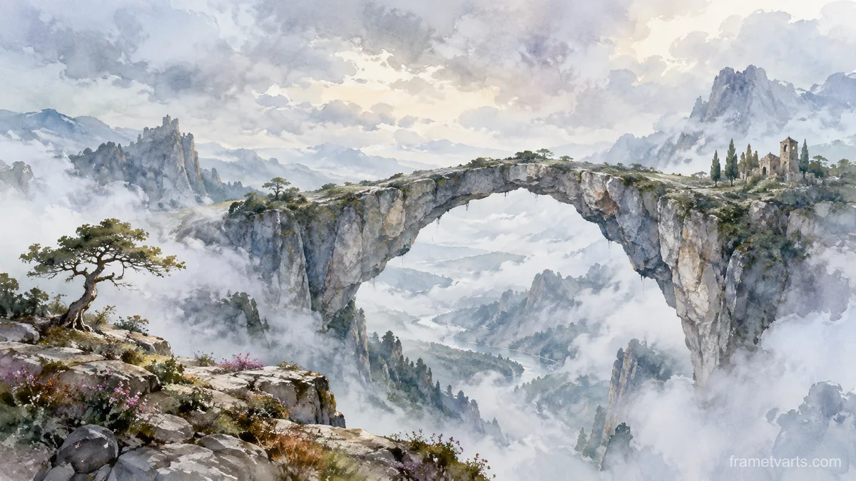 Stone arch suspended over a misty valley – dreamlike watercolor Samsung Frame TV art, 4K