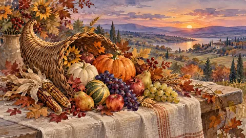 Thanksgiving harvest cornucopia on linen – elegant watercolor Frame TV art