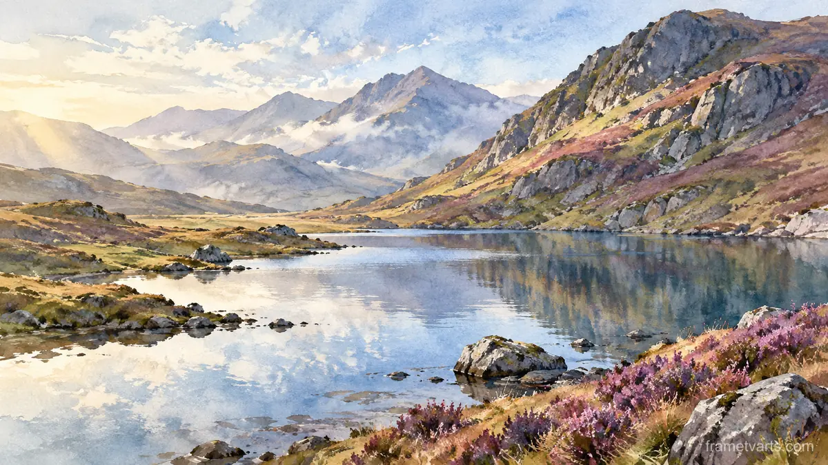 Highland tarn beneath heather slopes – loose watercolor Samsung Frame TV art, 4K