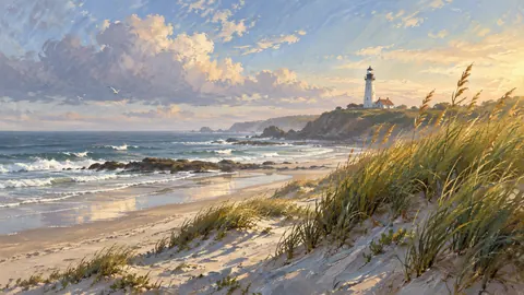 Dune grass and a distant lighthouse – atmospheric oil painting Frame TV art