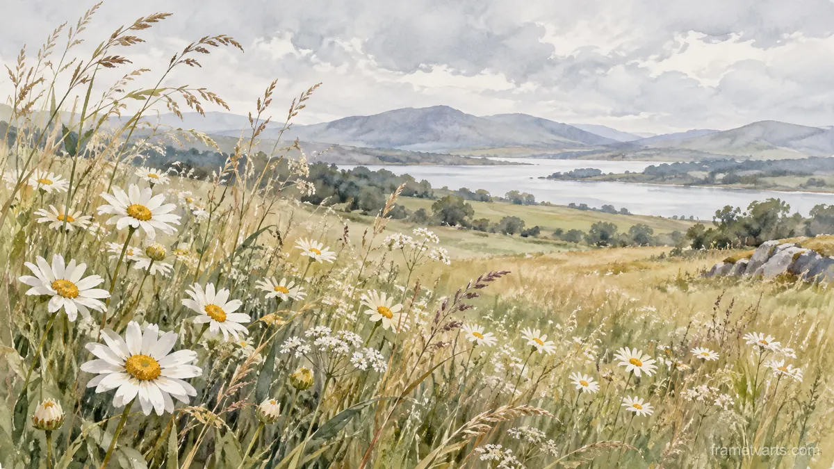 Meadow daisies and airy grasses – botanical watercolor Samsung Frame TV art, 4K