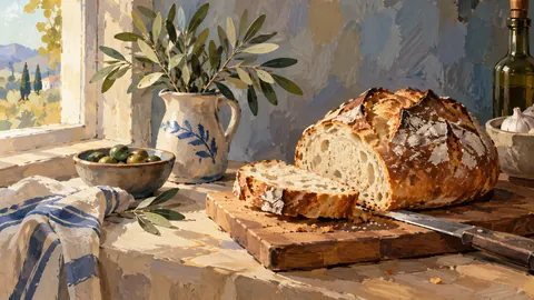 Rustic bread on a wooden cutting board – modern gouache still life Frame TV art