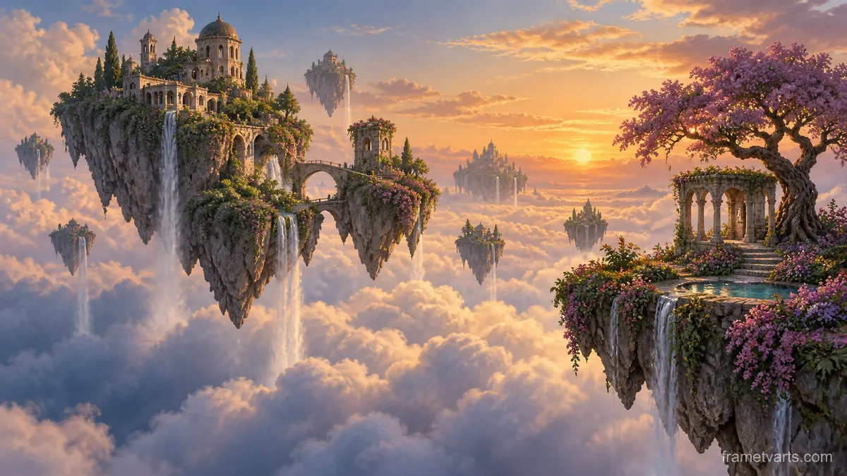 Floating garden islands over a cloud sea – surrealist fine-art illustration Samsung Frame TV art, 4K