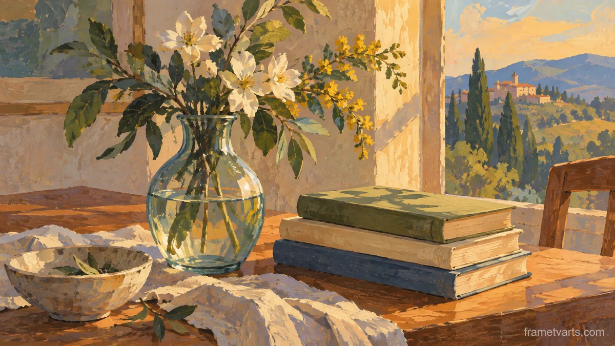 Glass vase beside stacked unmarked books – modern gouache still life Samsung Frame TV art, 4K