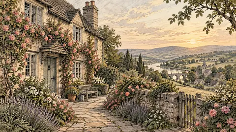 English cottage with a climbing rose garden – architectural ink drawing Frame TV art