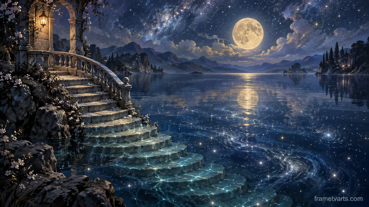 Moonlit staircase leading into a starry lake – surrealist fine-art illustration Samsung Frame TV art, 4K
