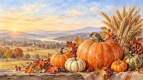 Thanksgiving pumpkin arrangement beside wheat – elegant watercolor Frame TV art