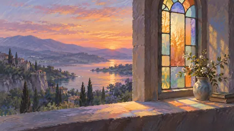 Sunlight through simple stained glass without figures – soft pastel landscape Frame TV art