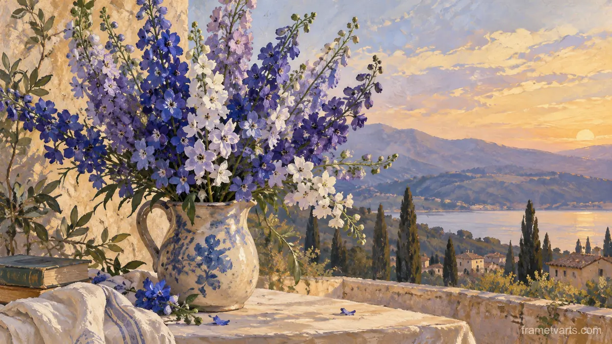 Birth-flower-inspired bouquet of larkspur – decorative gouache keepsake composition Samsung Frame TV art, 4K