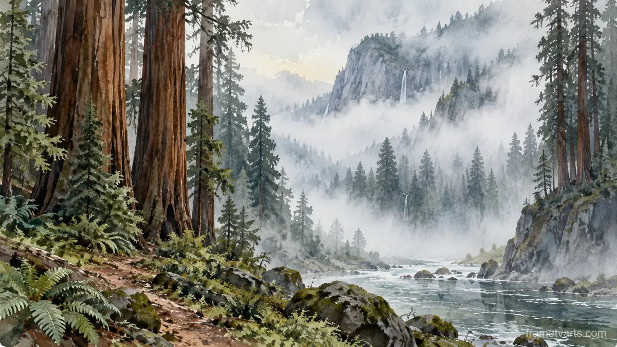 Fog rolling through redwood forest – loose watercolor Samsung Frame TV art, 4K