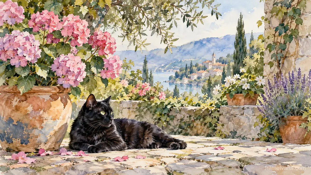 Black cat resting in a sunlit garden – loose watercolor Samsung Frame TV art, 4K