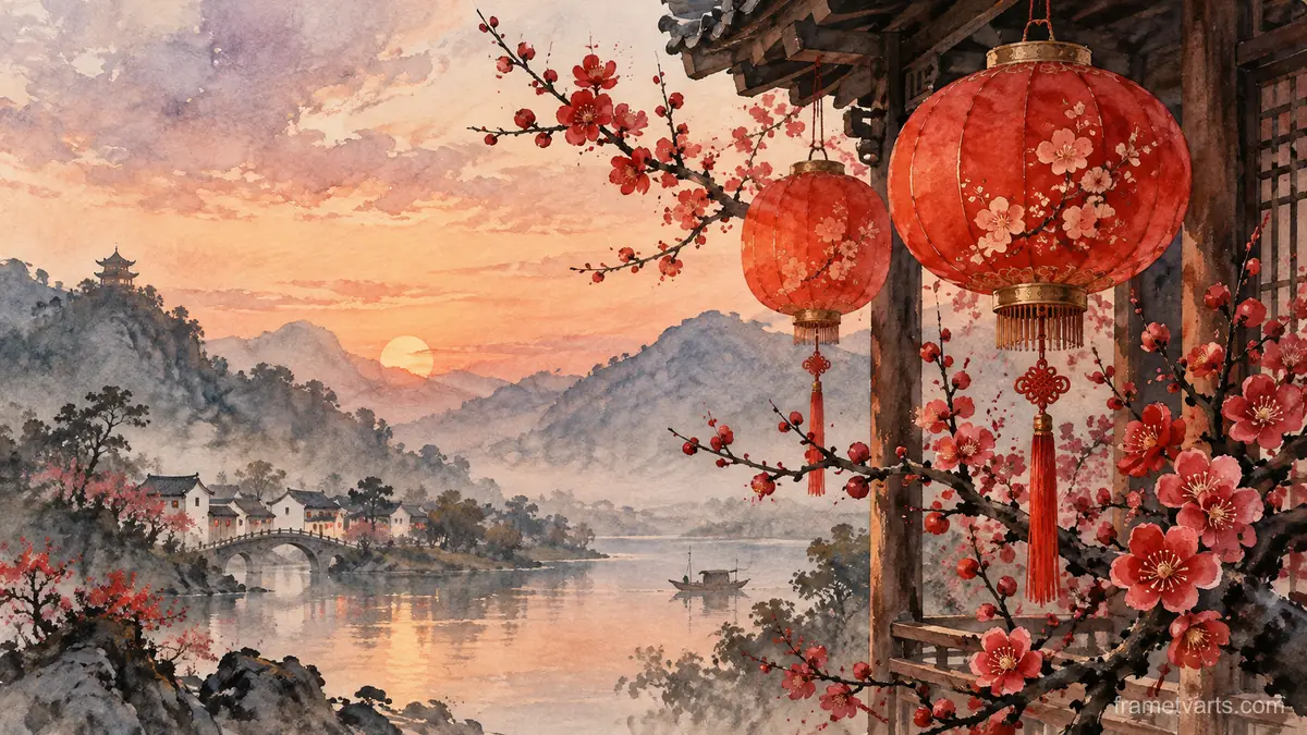 Lunar New Year red lanterns and plum blossoms – elegant watercolor Samsung Frame TV art, 4K