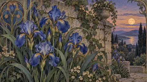 Blue irises beside a stone garden wall – decorative art nouveau painting Frame TV art