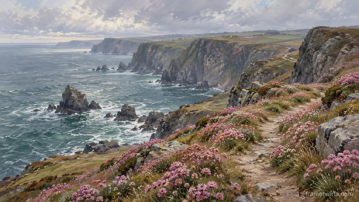 Clifftop path through pink thrift flowers – atmospheric oil painting Samsung Frame TV art, 4K