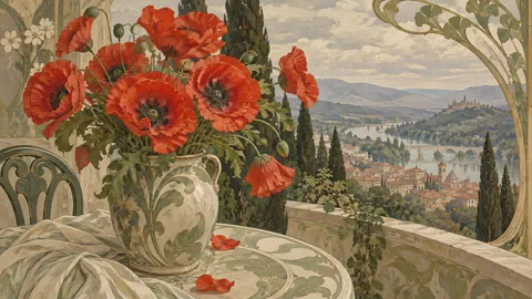 Scarlet poppies in a loose ceramic vase – decorative art nouveau painting Frame TV art
