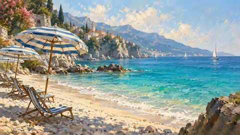 Empty striped beach umbrellas beside turquoise water – atmospheric oil painting Frame TV art