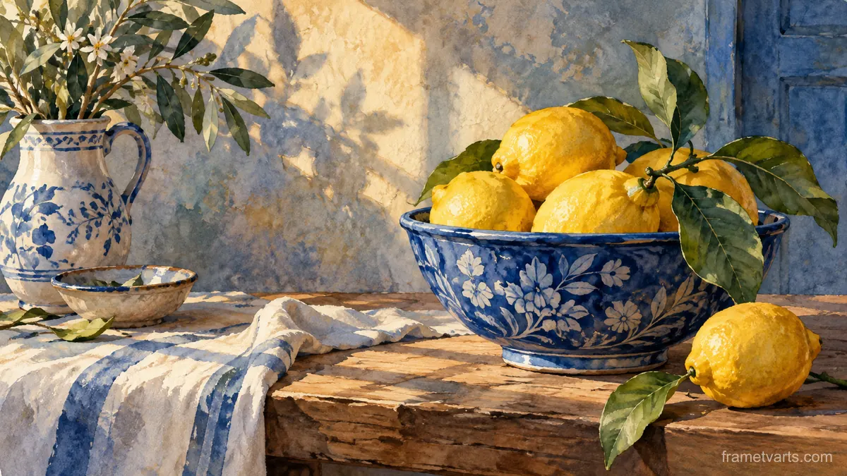 Lemons in a blue ceramic bowl – watercolor still life Samsung Frame TV art, 4K