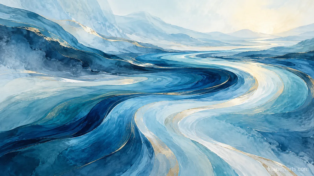 Flowing riverlike bands across open space – cool blue lyrical abstraction Samsung Frame TV art, 4K