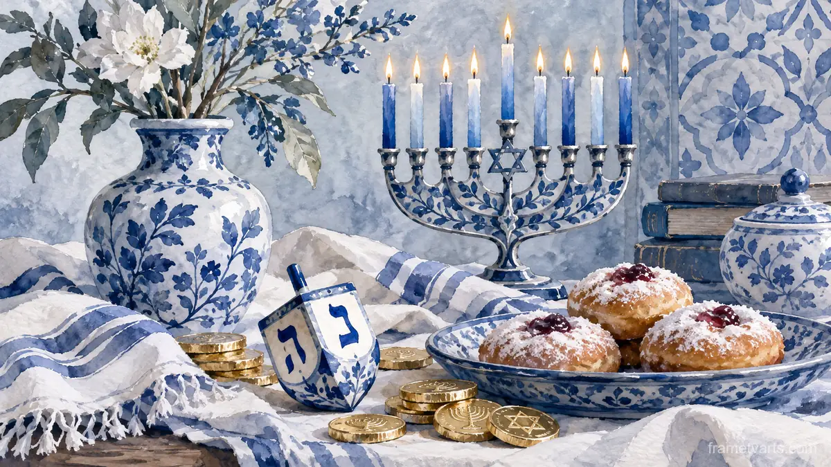 Hanukkah blue-and-white still life with dreidel – elegant watercolor Samsung Frame TV art, 4K