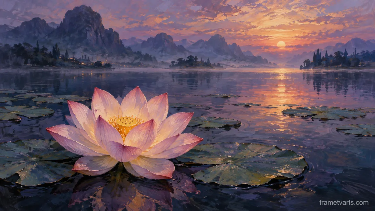 Lotus flower above still water – luminous contemplative oil Samsung Frame TV art, 4K