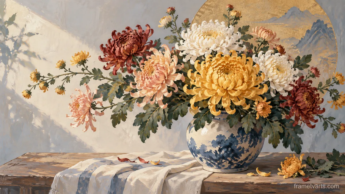Birth-flower-inspired bouquet of chrysanthemums – decorative gouache keepsake composition Samsung Frame TV art, 4K