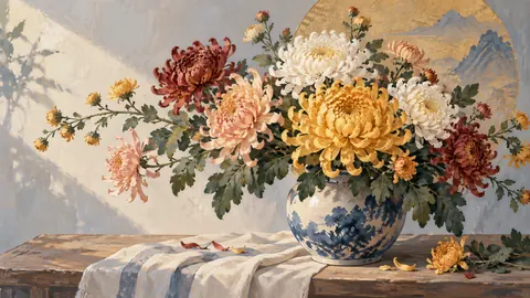Birth-flower-inspired bouquet of chrysanthemums – decorative gouache keepsake composition Frame TV art