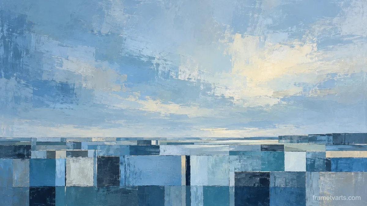 Interrupted grid of squares and narrow rectangles – cool blue lyrical abstraction Samsung Frame TV art, 4K