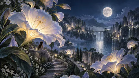 Garden of oversized delicate night flowers – surrealist fine-art illustration Frame TV art