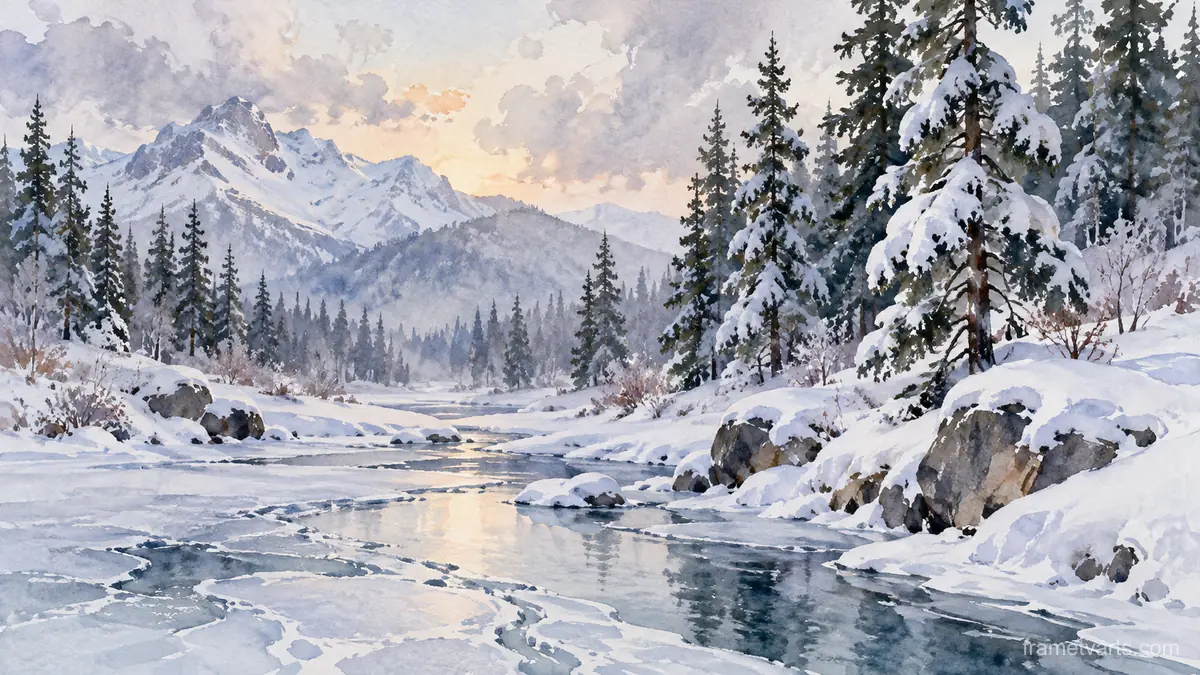 Snow-laden pine forest beside frozen creek – loose watercolor Samsung Frame TV art, 4K