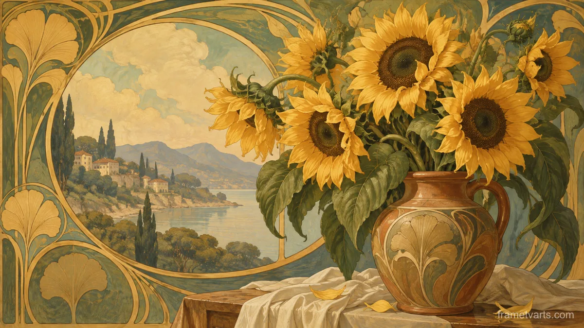 Golden sunflowers in an earthenware jug – decorative art nouveau painting Samsung Frame TV art, 4K