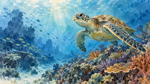 Sea turtle gliding above coral – loose watercolor Frame TV art