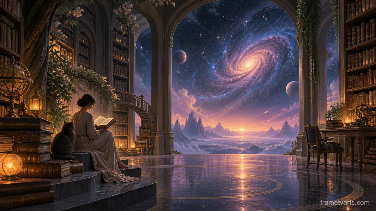 Dreamlike library opening onto a galaxy – surrealist fine-art illustration Samsung Frame TV art, 4K