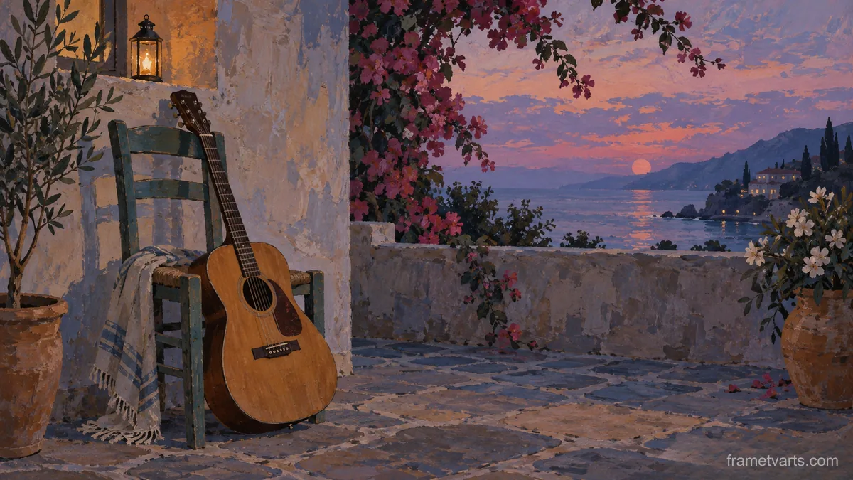 Acoustic guitar leaning against a plain chair – vintage-style gouache illustration Samsung Frame TV art, 4K