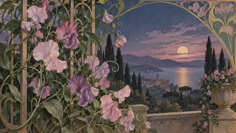 Delicate sweet peas climbing a trellis – decorative art nouveau painting Frame TV art