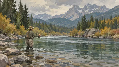 Fly fishing on a tranquil river – vintage-style gouache illustration Frame TV art