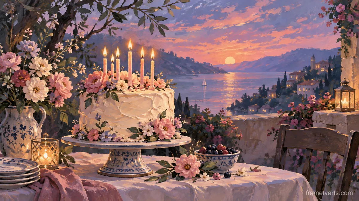 Elegant birthday cake with plain candles without text – decorative gouache keepsake composition Samsung Frame TV art, 4K