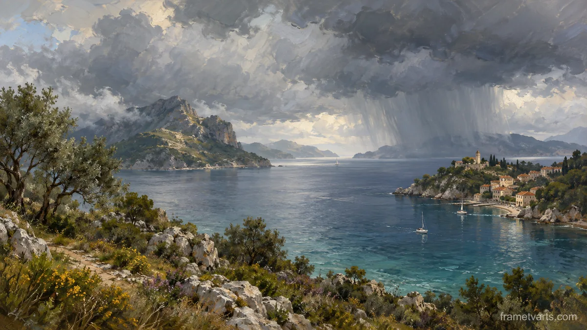 Rain clouds crossing an island bay – atmospheric oil painting Samsung Frame TV art, 4K