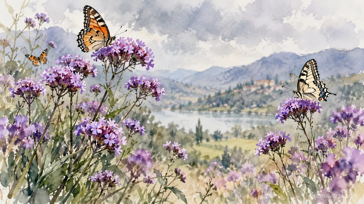 Butterflies around wild verbena – loose watercolor Samsung Frame TV art, 4K