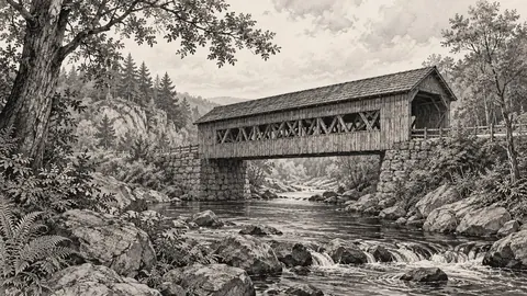 Covered wooden bridge over woodland stream – architectural ink drawing Frame TV art